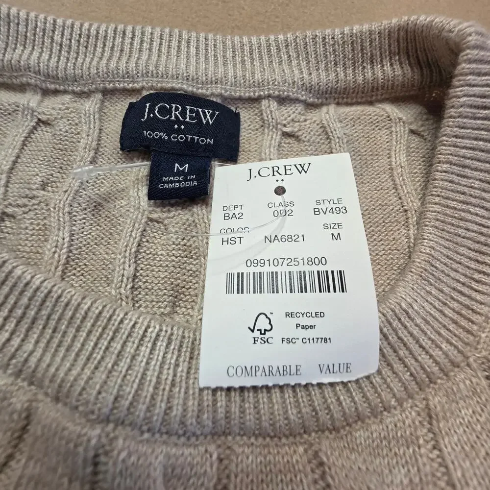 J.Crew Cotton Cable-Knit Crewneck Sweater Heather Stone (Cream) Sz Medium NWT